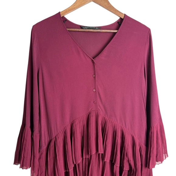 Zara Woman Contrasting Pleated Tunic Dress Burgundy Size S Bell Sleeves V Neck - Picture 3 of 11